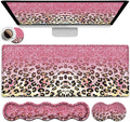 Memory Foam Keyboard Wrist Rest Support + Large Gaming Mouse Pad + Ergonomic Mouse Wrist Support Set Extended Desk Pad with Stitched Edges 31.5×11.8 Pink Leopard Glitter Mousepad Desk Mat