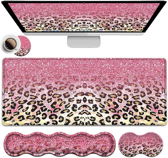 Memory Foam Keyboard Wrist Rest Support + Large Gaming Mouse Pad + Ergonomic Mouse Wrist Support Set Extended Desk Pad with Stitched Edges 31.5×11.8 Pink Leopard Glitter Mousepad Desk Mat