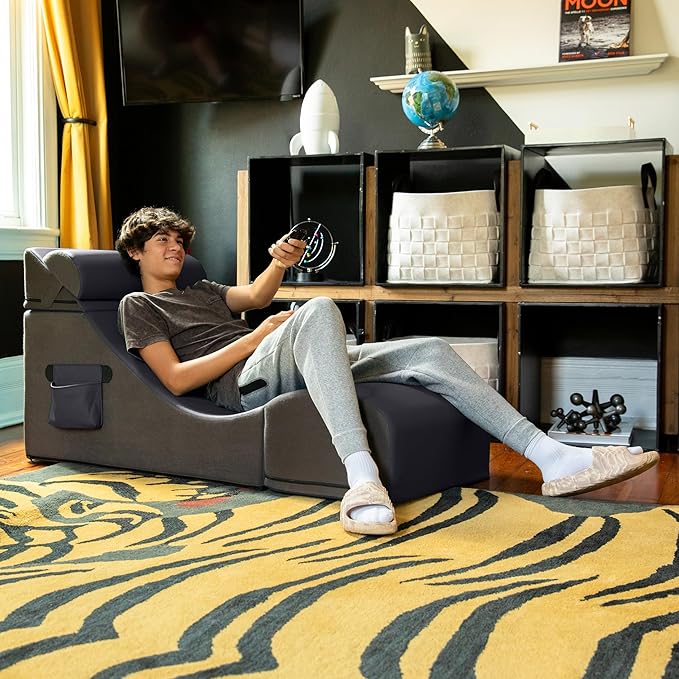 Jaxx Flexx V-Tex Convertible 3 in 1 Gamer Chair Table &amp Ottoman w/Adjustable Headrest &amp Pocket - Vinyl Black
