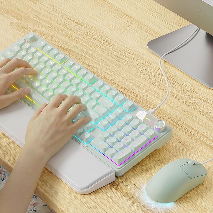 C98 Wired Keyboard and Mouse Combo Wired Computer Keyboards with Wrist Palm Double-Shot Keycaps Silent RGB Backlight Keyboard for Windows/MAC/PC (Green)