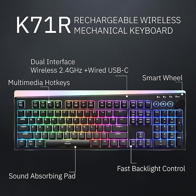 iRocks K71R Wireless RGB Mechanical Gaming Keyboard Switches BrownPBT 107 Keys NKRORGB BacklitPro Keyboard for Gaming and WorkDual Interface Wireless &amp Wired Windows Laptop PC MacBlack