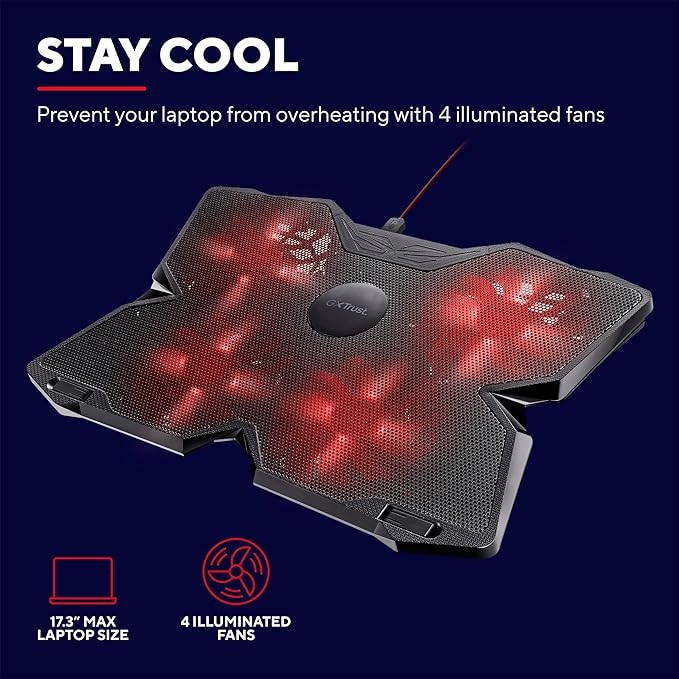Trust Gaming GXT 278 Yozu Laptop Cooling Stand Cooler for 17.3 inch Laptops Height Adjustable Stand 4 Illuminated Fans Adjustable Fan Speed - Black
