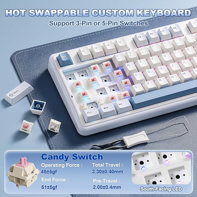 YUNZII B98 PRO QMK/VIA Wireless Mechanical Gaming Keyboard 96% Layout with Numpad and Cute Cat Knob BT/2.4G/USB-C Pre-Lubed Switch Hot Swap Gasket RGB for Win/Mac (Blue Milk V2 Linear Switch)