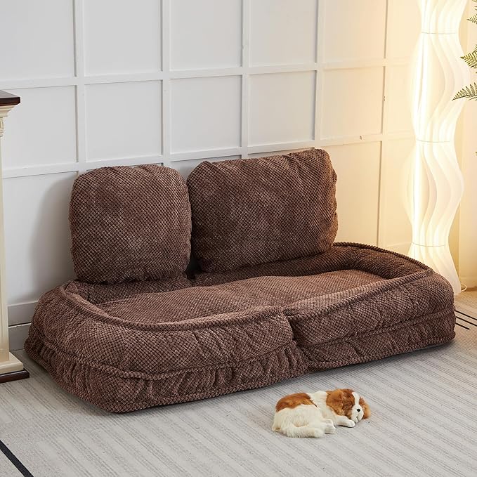 Floor Chair with Back Support Folding Sofa Chair with 5 Adjustable Position Plush Floor Gaming Chair Meditation Chair for Lazy Boys Human Dog Bed for Living Room Bedroom Lounge Brown