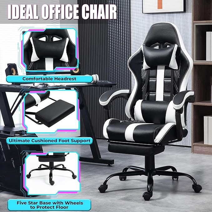 Massage Gaming Chair with Footrest Ergonomic PU Leather Computer Chair w/Headrest and Lumbar Height Adjustable 360° Swivel Desk Office Chair White