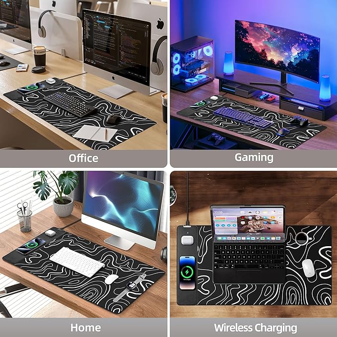 Mouse Pad with Wireless Charging Gaming Mouse Pad with Ultra-Smooth Surface Large XXL Desk Mat Non-Slip Mouse Mat Waterproof Computer Keyboard Pad for Gaming Desk Office PC 800x400x4MM Black