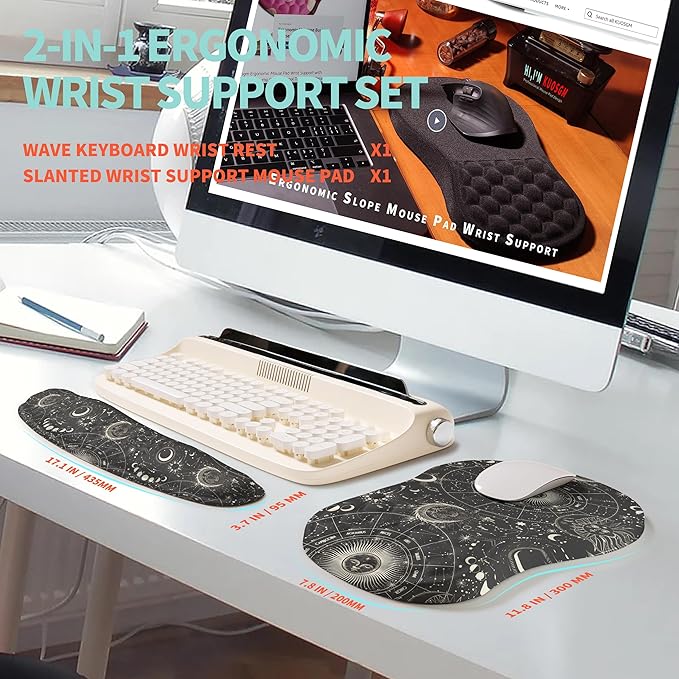2-in-1 Ergonomic Set Wave Rise Keyboard Wrist Rest and Massage Bulge Slope Mouse Pad Wrist Support Cushion Memory Foam Integrated to Relieve Wrist Pain Constellation