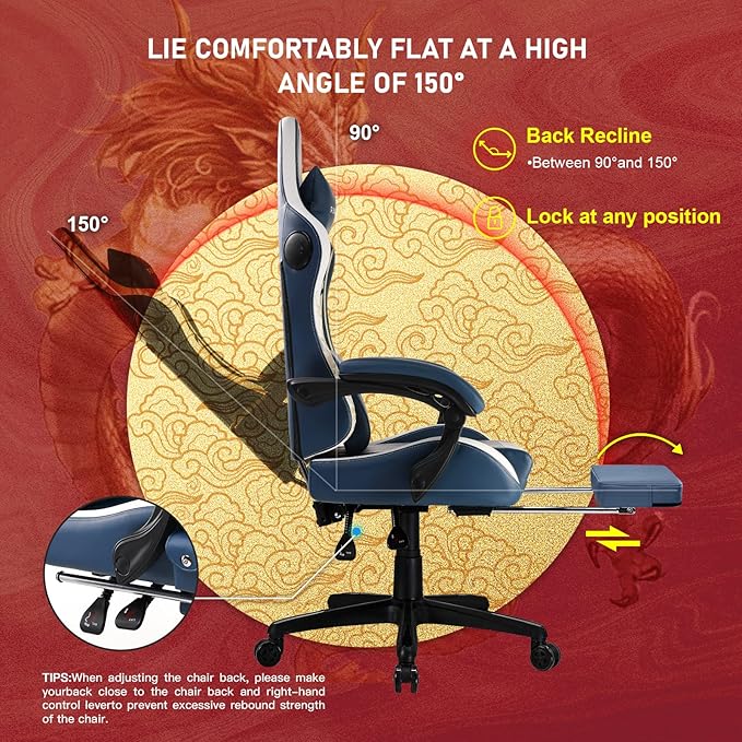 GTPLAYER Gaming Chair with Bluetooth Speakers and Footrest Dragon Series Video Game Chair Heavy Duty Ergonomic Esports Computer Office Chair Blue (Royal Blue)