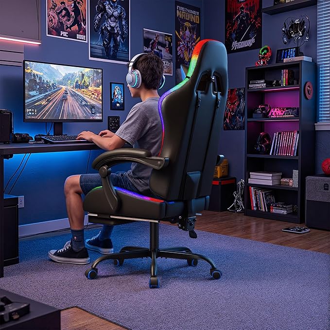 Homall Gaming Chair Video Game Chair with Footrest and Massage Lumbar Support Ergonomic Computer Chair Height Adjustable with Swivel Seat and Headrest (RGB Blue)