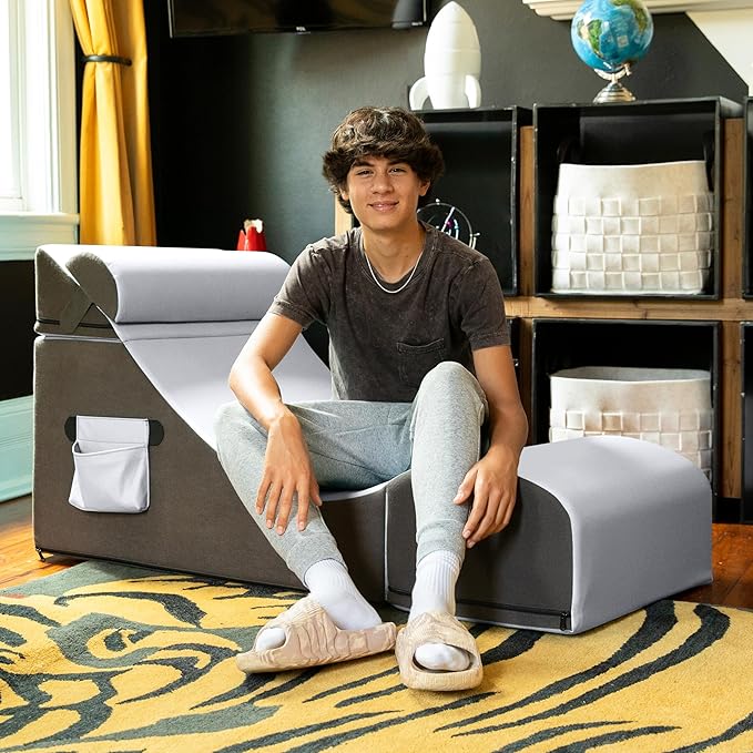 Jaxx Flexx V-Tex Convertible 3 in 1 Gamer Chair Table &amp Ottoman w/Adjustable Headrest &amp Pocket - Vinyl Submarine Grey