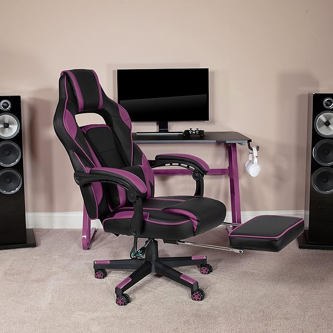 EMMA + OLIVER Black/Purple Ergonomic Gaming Chair -Recline Back/Arms Footrest Massaging Lumbar