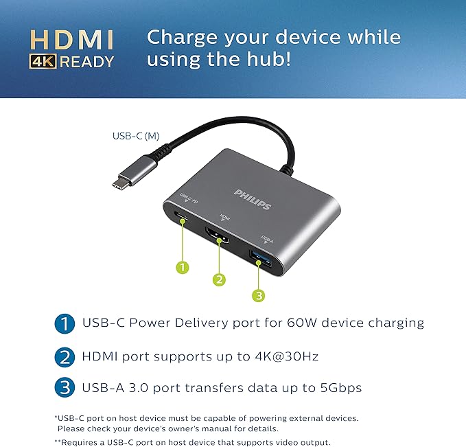 Philips USB C Hub to Multiport Adapter 3 in 1 Power Pass Through HDMI 4k@30Hz 60W USB C Charging Port 5Gbps USB 3.0 Port for MacBook Pro MacBook Air UCB C Laptop Docking Station DLK9220C/27