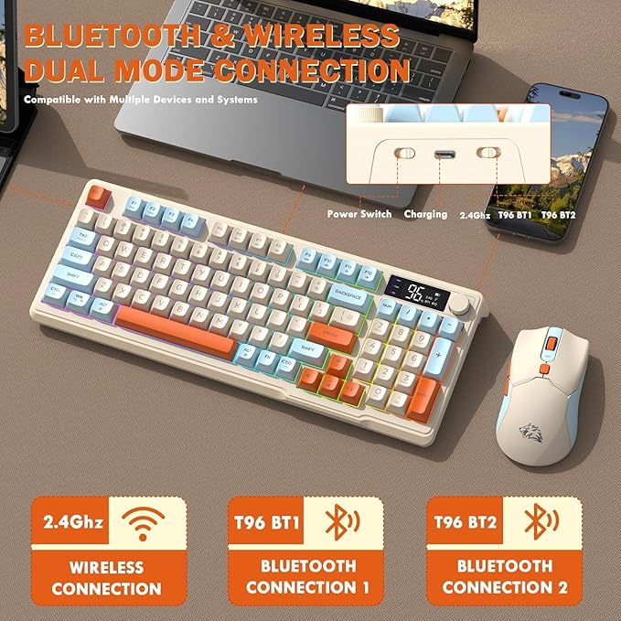 ZIYOU LANG T96 Wireless Gaming Keyboard and Mouse ComboDual Bluetooth/2.4G RGB Backlit Mechanical Feeling Keyboard with Smart Display &amp Knob4000 DPI Gaming Mouse for PC Laptop Mac Wins-Blueberry