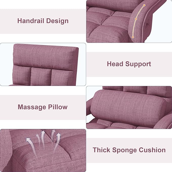 Adjustable Floor Gaming Chair for Adults 6-Position Chaise Lounge Chair with Meditation Arm Foldable Lazy Sofa with Pillow Comfy Chair Indoor for Bedroom Dorm Living Room Purple