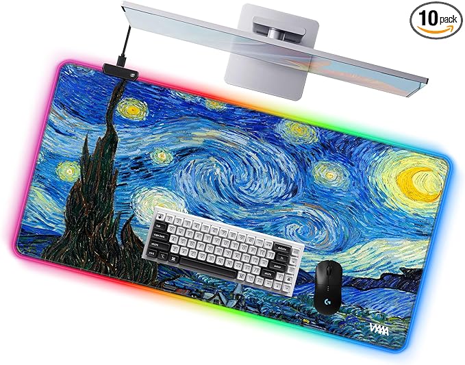 Vyaaa RGB Gaming Mouse Mat 39.3“ x 19.7” XXL Mouse Mat Van Gogh Starry Night LED Mouse Pad Non-Slip Rubber Base Keyboard Mouse Pad Suitable for Home Gaming Office