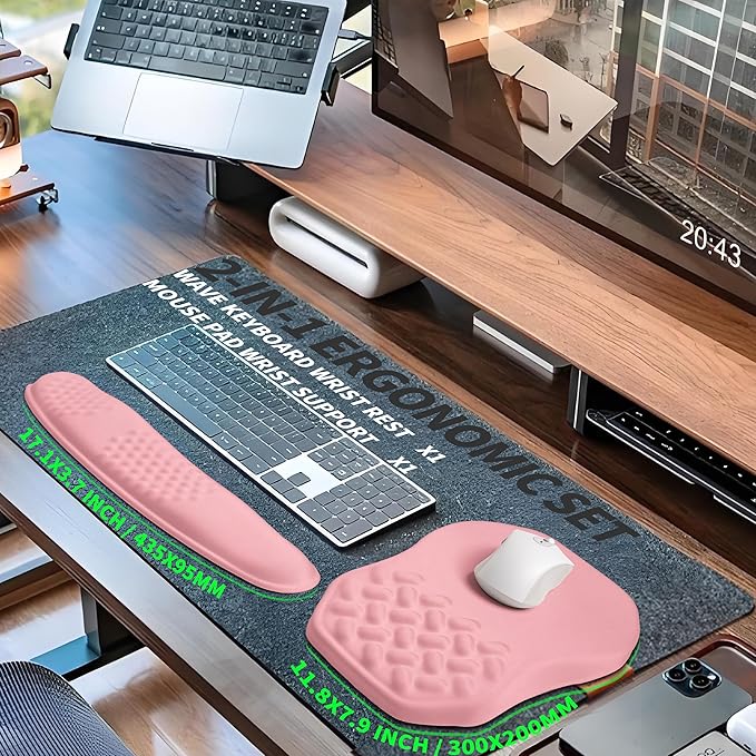 2-in-1 Ergonomic Set Wave Keyboard Wrist Rest and Massage Slope Mouse Pad Wrist Support Rebound Memory Foam for Relieve Carpal Tunnel Syndrome and Wrist Pain (Pink)