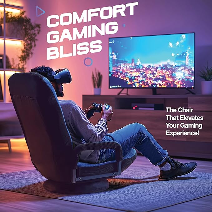 Swivel Floor Gaming Chair - Video Lounger Enjoy 6 Different Positions Adjustable Backrest Removable Arm Rests Folds to Store Stylish Blue with Black Center Stripe