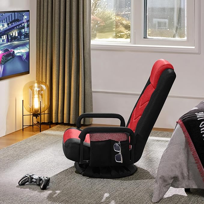 Yaheetech Floor Gaming Chair Swivel Video Game Chair Multipurpose Lazy Lounger Couch for Playing Games TV Reading with 6 Adjustable Position Side Pocket Armrest Handles