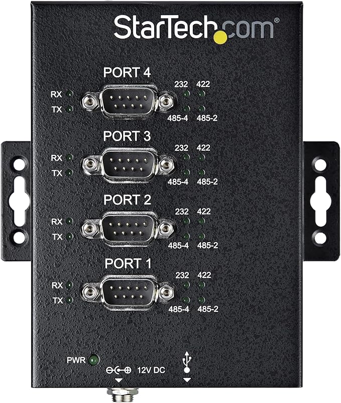 StarTech.com 4 Port Serial Hub USB to RS232/RS485/RS422 Adapter - Industrial USB 2.0 to DB9 Serial Converter Hub - IP30 Rated - Din Rail Mountable Metal Serial Hub - 15kV ESD Protection TAA
