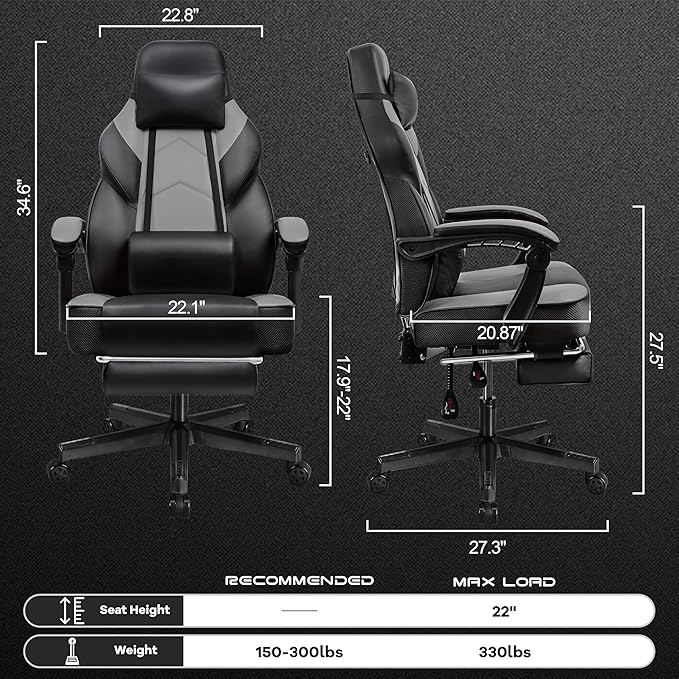 Meilocar Gaming Chair for Adult Computer Chair with Footrest Video Game Chair Big and Tall Gaming Chair with Massage Lumbar Support Adjustable Height and 360° Swivel Seat(Grey)