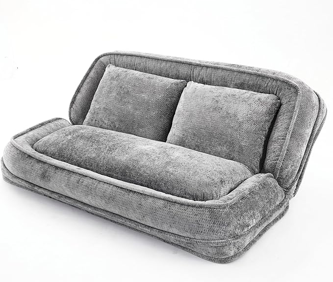 Floor Chair with Back Support Human Dog Bed Folding Loveseat with 5 Adjustable Position 2 Pillows Chenille Meditation Gaming Chair for Lazy Boys Living Room Lounge Bedroom Light Grey