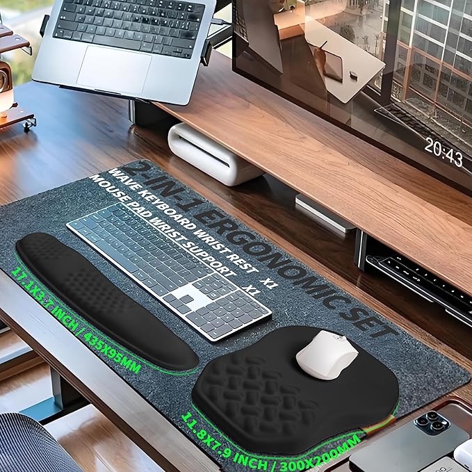 2-in-1 Ergonomic Set Wave Keyboard Wrist Rest and Massage Slope Mouse Pad Wrist Support Rebound Memory Foam for Relieve Carpal Tunnel Syndrome and Wrist Pain (Black)