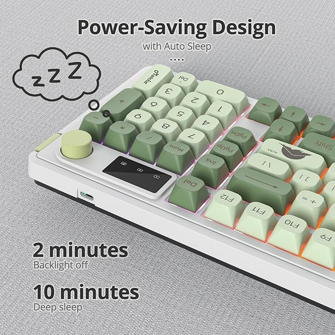 Owpkeenthy 96% Wireless Matcha Green Keyboard with Number Pad Knob 98 Keys Silent Mechanical Feeling Membrane Creamy Gaming Keyboard 3-Mode Wired/Bluetooth 5.0/2.4G for Win/Mac(98 Matcha)