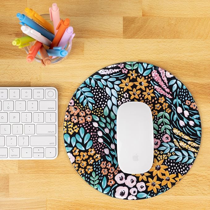 Elyse Breanne Design 8.5 Inch Round Mouse Pad for Computer Desktop Protector Non-Slip Rubber Backing Black Floral