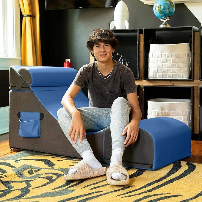 Jaxx Flexx V-Tex Convertible 3 in 1 Gamer Chair Table &amp Ottoman w/Adjustable Headrest &amp Pocket - Vinyl Royal Blue