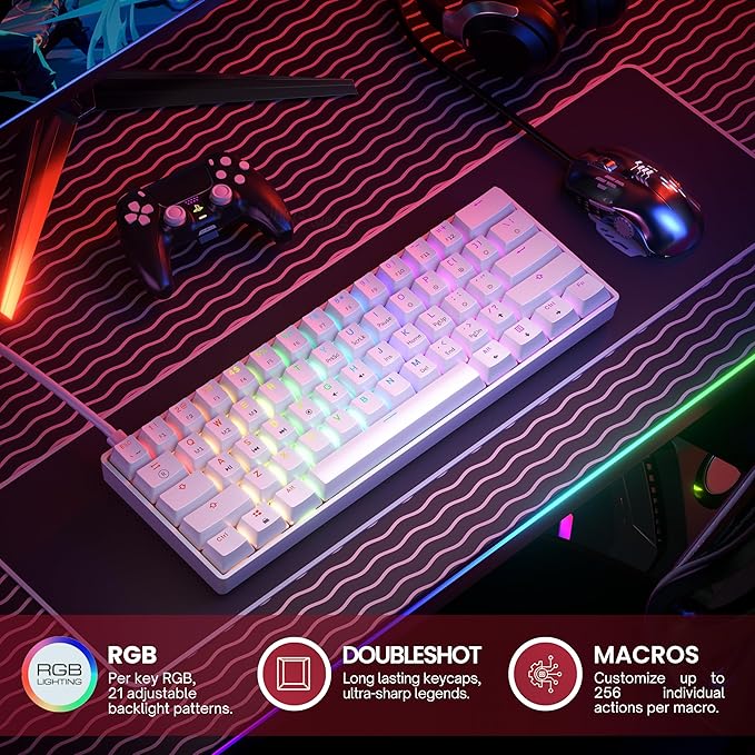 HK GAMING GK61 SE 60% | Mechanical Gaming Keyboard | 61 Keys Multi Color RGB LED Backlit for PC/Mac Gamer | US Layout (White Mechanical Black)