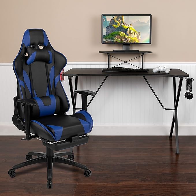 BizChair Black Gaming Desk with Cup Holder/Headphone Hook and Monitor/Smartphone Stand &amp Blue Reclining Gaming Chair with Footrest