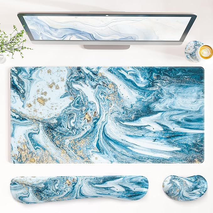 QiyI Leather Desk Mat Set 4-in-1 Large Mouse Pad with Wrist Rest Non-Slip Desk Pad + Keyboard Wrist Rest + Mouse Wrist Support + Coaster Office Desk Accessories Home Decor Supplies Blue Marble