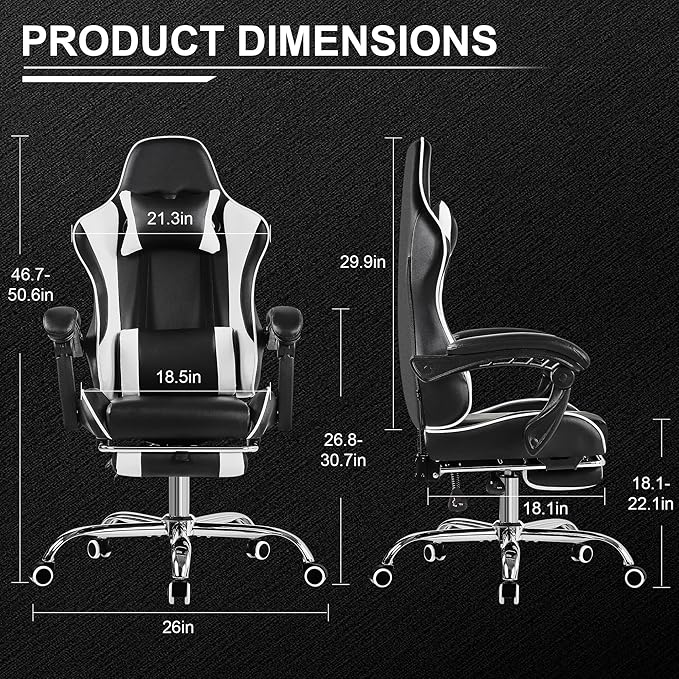 VECELO Ergonomic Gaming Chair with Footrest Comfy Recliner Computer Chair Swivel Seat Height Adjustable High Back PU Leather Lumbar Support Headrest for Adults Black