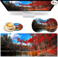 Large Game Mouse Pad + Wrist Support Pad + Coffee Coaster Red Maple Lake Foldable Table Mat with Stitched Edge Non-Slip Set Pad Suitable for Office Work and Home