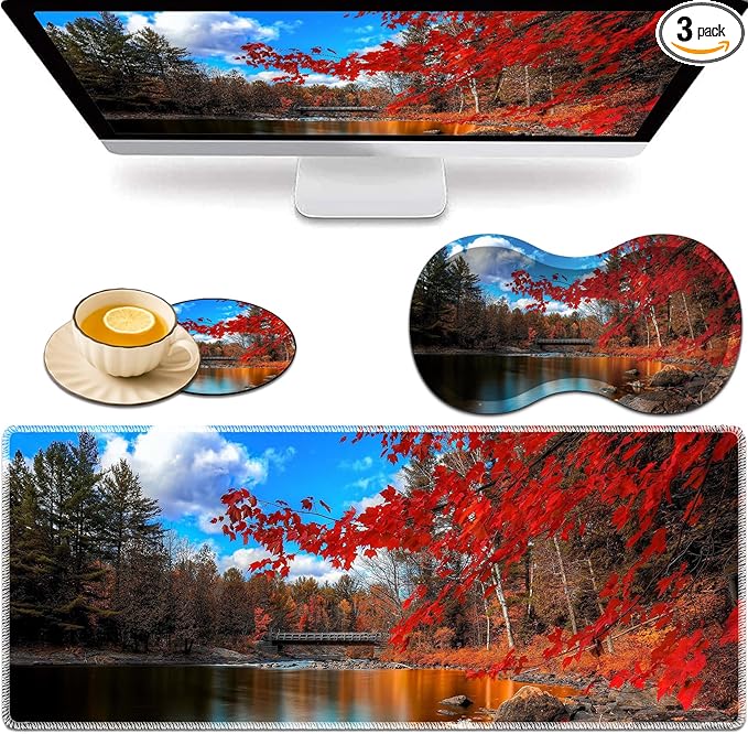 Large Game Mouse Pad + Wrist Support Pad + Coffee Coaster Red Maple Lake Foldable Table Mat with Stitched Edge Non-Slip Set Pad Suitable for Office Work and Home