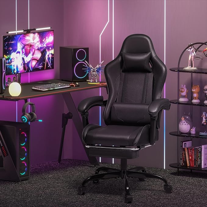 Homall Gaming Chair Video Game Chair with Footrest and Massage Lumbar Support Ergonomic Computer Chair Height Adjustable with Swivel Seat and Headrest (Dark Black)