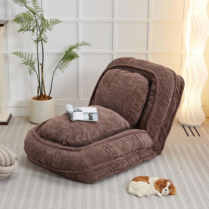 Floor Chair with Back Support Folding Sofa Chair with 5 Adjustable Position Plush Floor Gaming Chair Meditation Chair for Lazy Boys Human Dog Bed for Living Room Bedroom Lounge Brown