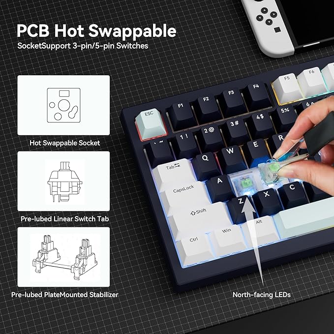 Gurjot Wireless Mechanical Keyboard with KnobTri-Mode BT5.0/2.4GHz/USB-C Hot Swappable Mechanical KeyboardPre-lubed Linear Switches8000mAH Battery RGB Backlit Computer Gaming Keyboards