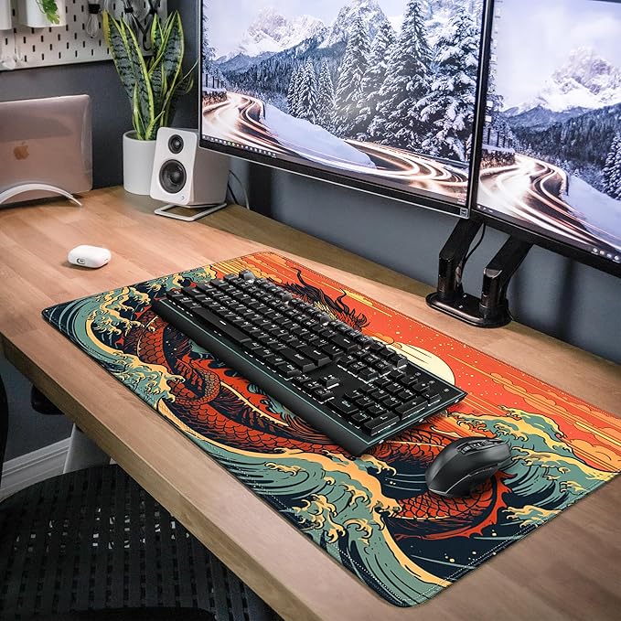 Wave Sea Dragon Gaming Mouse PadAnime Mouse Pad Gaming 31.5 x 15.7 in Mouse Mat Desk PadExtended Keyboard Pad Large Desk Mat Mousepad with Non-Slip Base and Stitched Edge for Office Home