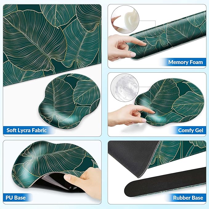 Desk Mat Set + Keyboard and Mouse Pad with Wrist Rest Support4-in-1 Large Mousepad Computer Mats for Desktop Home &amp Office-Green Leaves