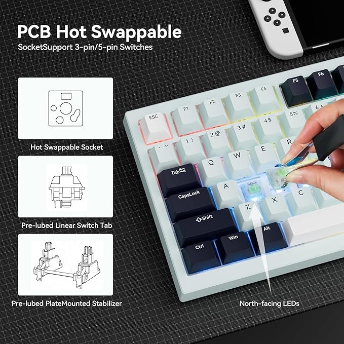 Gurjot Wireless Mechanical Keyboard75% Hot Swappable Keyboard with Knob8000mAH Battery RGB BacklitSide Printed PBT Keycaps2.4GHz/USB-C/BT5.0 Mechanical Gaming KeyboardsIceland Blue