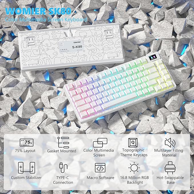Womier SK80 75% Percent Keyboard Gaming with Color Multimedia Display Mechanical Keyboard Topographic Hot Swappable Gasket Mount RGB Creamy Key Board Pre-lubed POM Switch for Mac/WinWhite