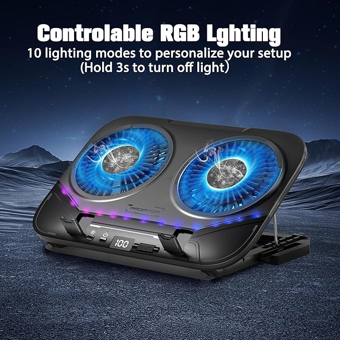 Dual-Core TEC Laptop Cooling Pad with Dual Stepless-Quiet Fans 5-Height Adjustable Laptop Cooling Stand 10-Level RGB for 13-17 Inch Laptops Includes 15W Charger Smoky Black