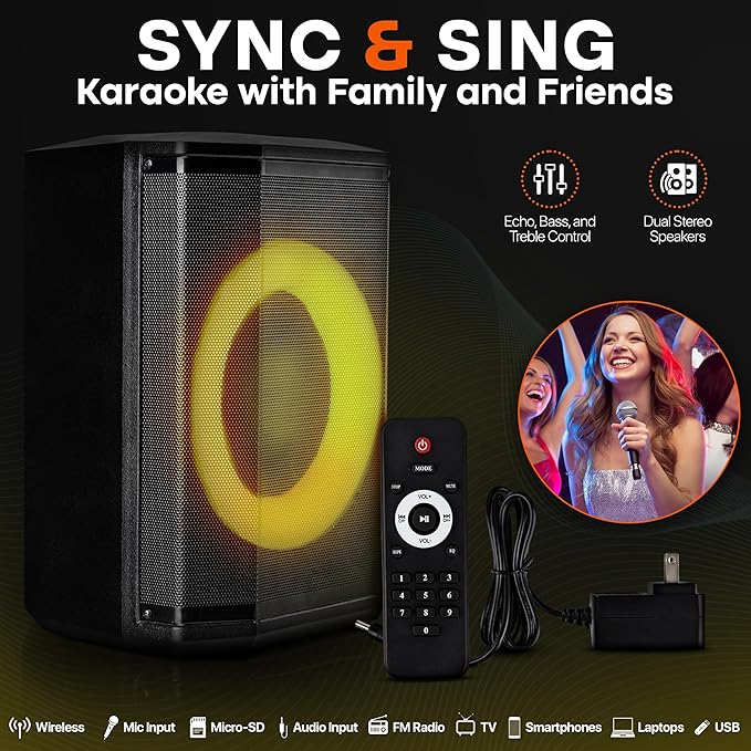Pyle Portable Bluetooth Speaker with 8 Inch Woofer TWS Function Mic Input USB/Micro SD/FM Radio Colorful Ring Lights 120W Rechargeable Battery Tripod Stand Hi-Fi Sound Indoor/Outdoor Use