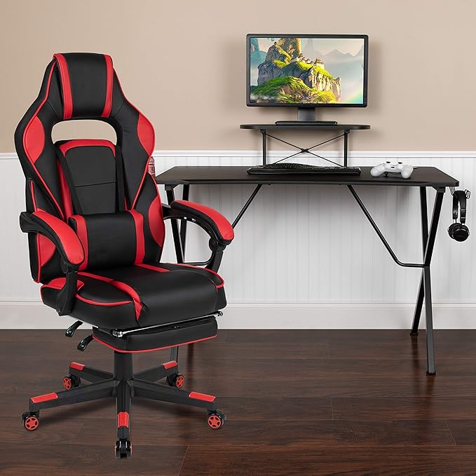 EMMA + OLIVER Gaming Bundle-Cup/Headphone Desk &amp Red Reclining Footrest Chair