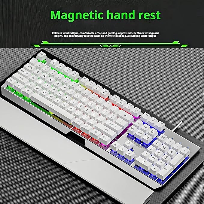Wired Rainbow LED Gaming Keyboard104 Keys Light Up Mechanical Feeling Computer Keyboard With Palm Rest for Windows LaptopPC Gamers Office DeviceTravel Easy to Carry on Business TripWoking(White)