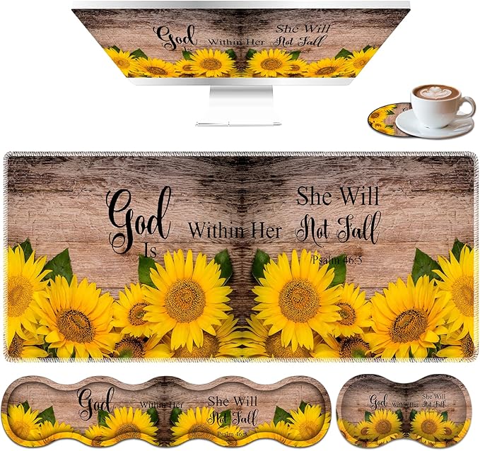 Large Mouse Pad Set Desktop Mouse Pad + Keyboard Wrist Pad + Mouse Wrist Pad + Coaster Ergonomic Memory Foam Multi-functional Desk Mat - Psalm 46:5 Sunflower