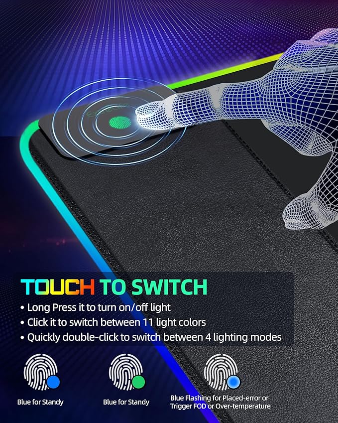 Wireless Charging Mouse Pad RGB Gaming Desk Mat 31.5x15.7 Large XXL Desk Pad 15 Lighting Modes Ultra-Smooth Surface Non-Slip Mouse Mat Waterproof Computer Keyboard Pad for Desk Office Black