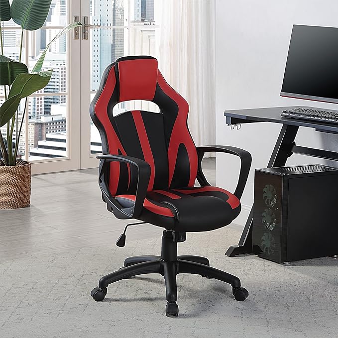 OSP Home Furnishings Influx Adjustable Faux Leather Gaming Chair with Lumbar Support and Full 360 Rotation Red Accents