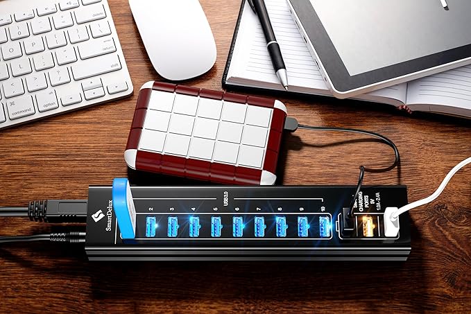 SmartDelux Powered USB Hub - 13-Port USB 3.0 Hub with 10 USB 3.0 Ports 3 Smart Charging Ports Power Adapter Long Cord LEDs - Black Aluminum